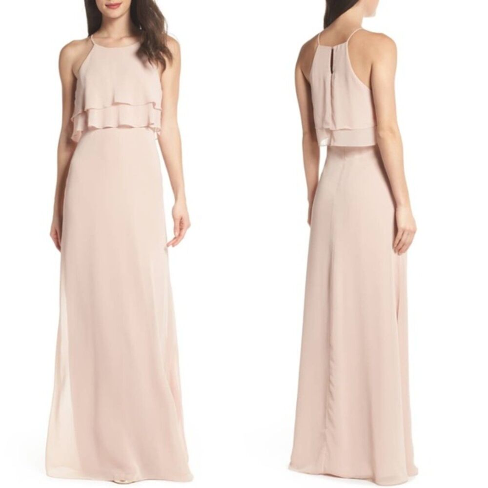 JENNY YOO Charlie Halter Top Ruffle Chiffon Maxi Dress Gown Size 2